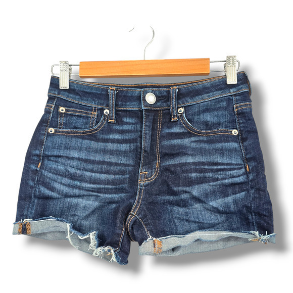 American Eagle‎ Women's Super Stretch Hi-Rise Shortie Jean Shorts Dark Wash Sz 2 - Picture 1 of 11